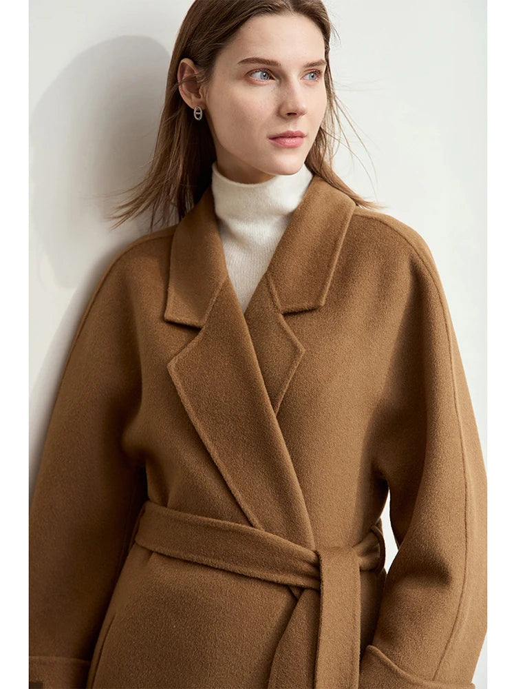 AMII Women's 100% Wool Minimalist Overcoat - Winter Belted Trench Coat