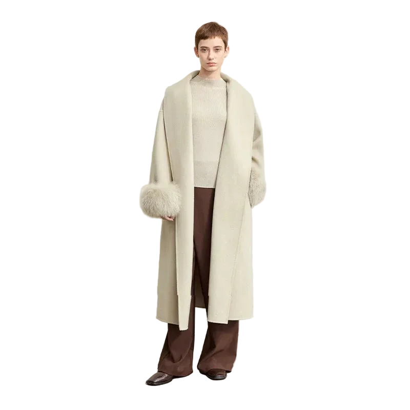 Women's 100% Wool Long Coat with Removable Fox Fur Cuffs