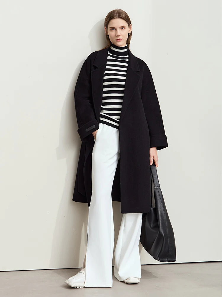 Women's 100% Wool Minimalist Overcoat - Winter Belted Lapel Jacket