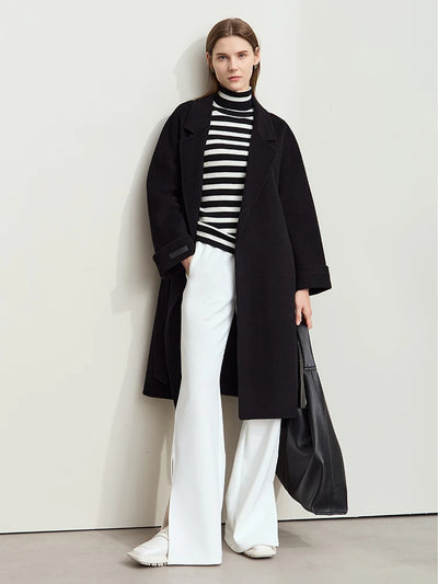 AMII Women's 100% Wool Minimalist Overcoat - Winter Belted Trench Coat