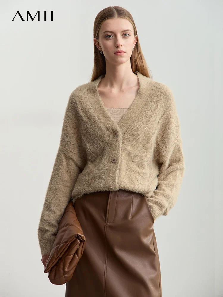 Women's V-Neck Wool Cardigan - Minimalist Imitation Mink Winter Top