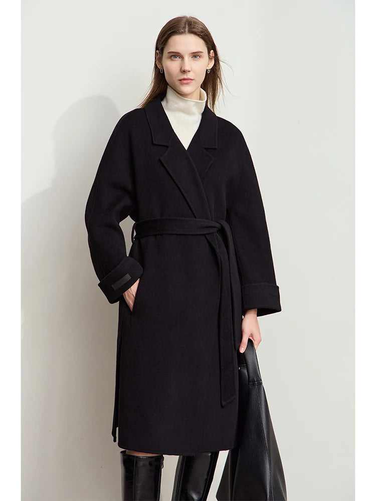 AMII Women's 100% Wool Minimalist Overcoat - Winter Belted Trench Coat