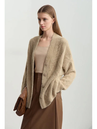 Women's V-Neck Wool Cardigan - Minimalist Imitation Mink Winter Top
