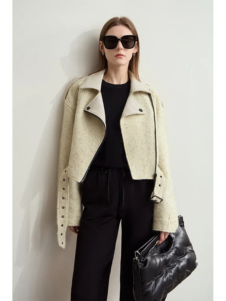 Women's Woolen Coat - Minimalist Leather Spliced Winter Outerwear