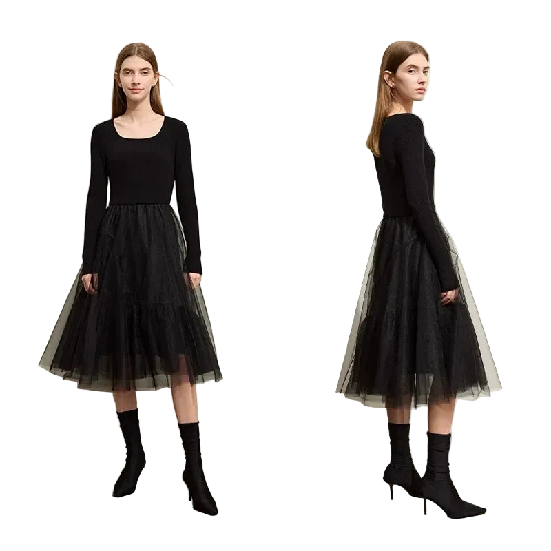 French Vintage A-Line Dress | Minimalist Mesh Patchwork Winter Style