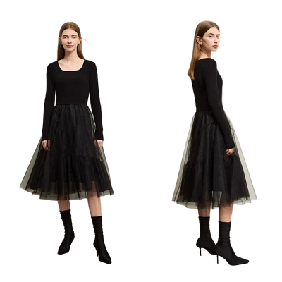 AMII French Vintage Square Collar Mesh A-Line Dress | Minimalist