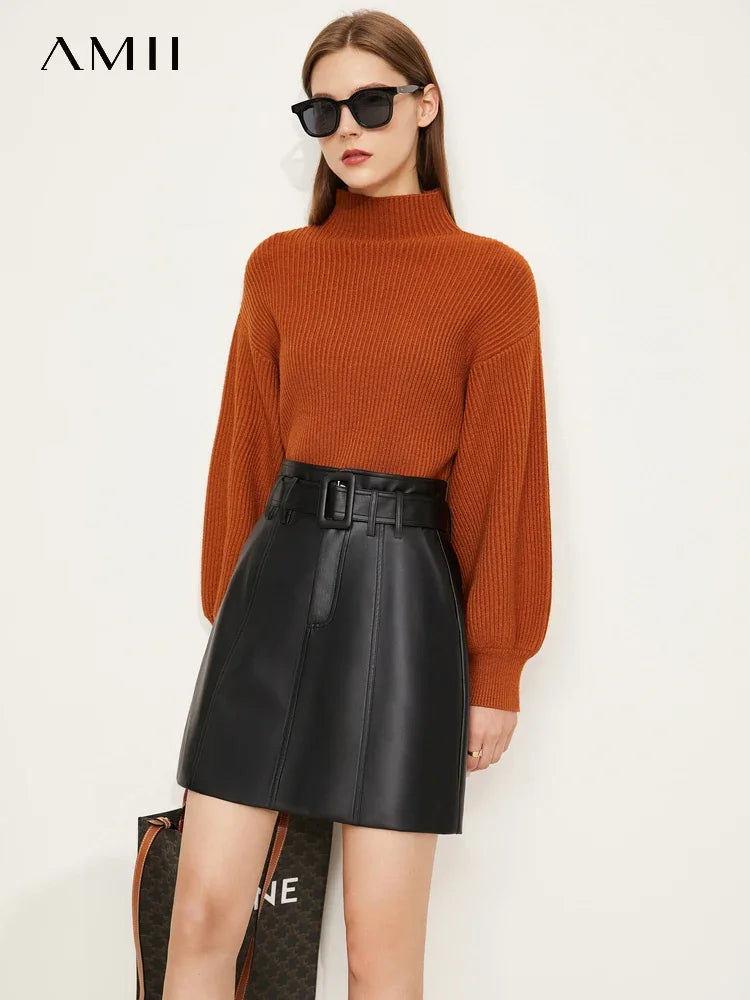 Women's Mock Neck Lantern Sleeve Loose Knitted Sweater