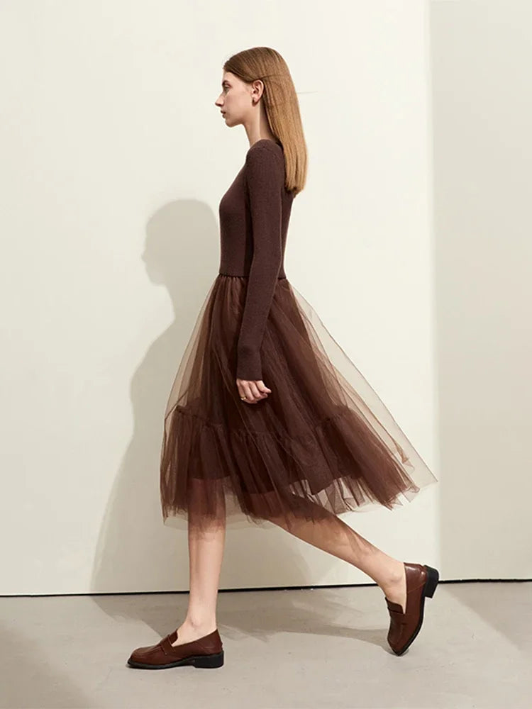 AMII French Vintage Square Collar Mesh A-Line Dress | Minimalist