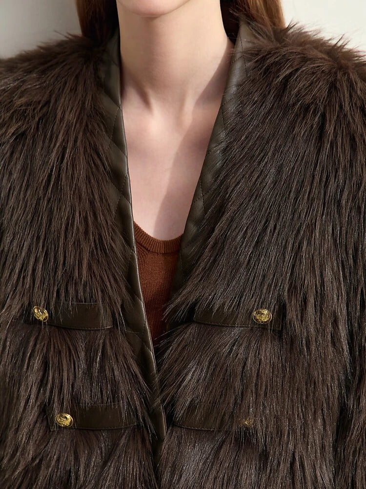 Winter V-Neck Faux Fur Jacket - Modern Spliced PU Outerwear